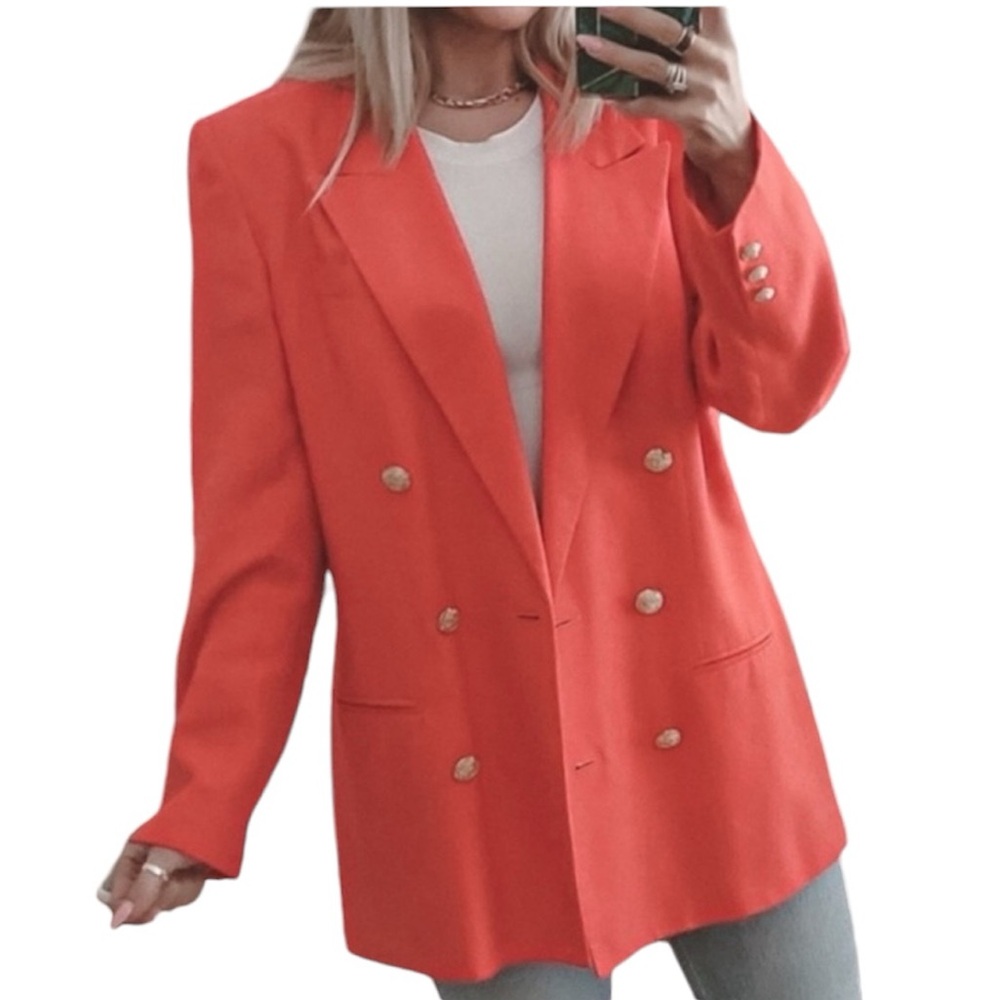 Talbots Bright Hot Pink Coral Double Breasted Blazer with Shoulder Pads size 12